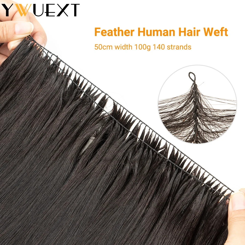 

YWUEXT Feather Weft Human Hair Extensions Natural Straight Remy Invisible Bundles 16-22 inches 50cm Weft Width 140 Strands