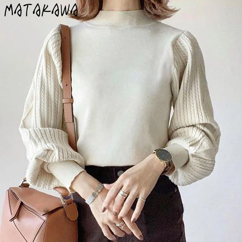 

Matakawa Japan Style Women Sweaters Pleated Solid Office Lady All Match Pull Femme Hiver Autumn Winter Basic Vintage Pullovers