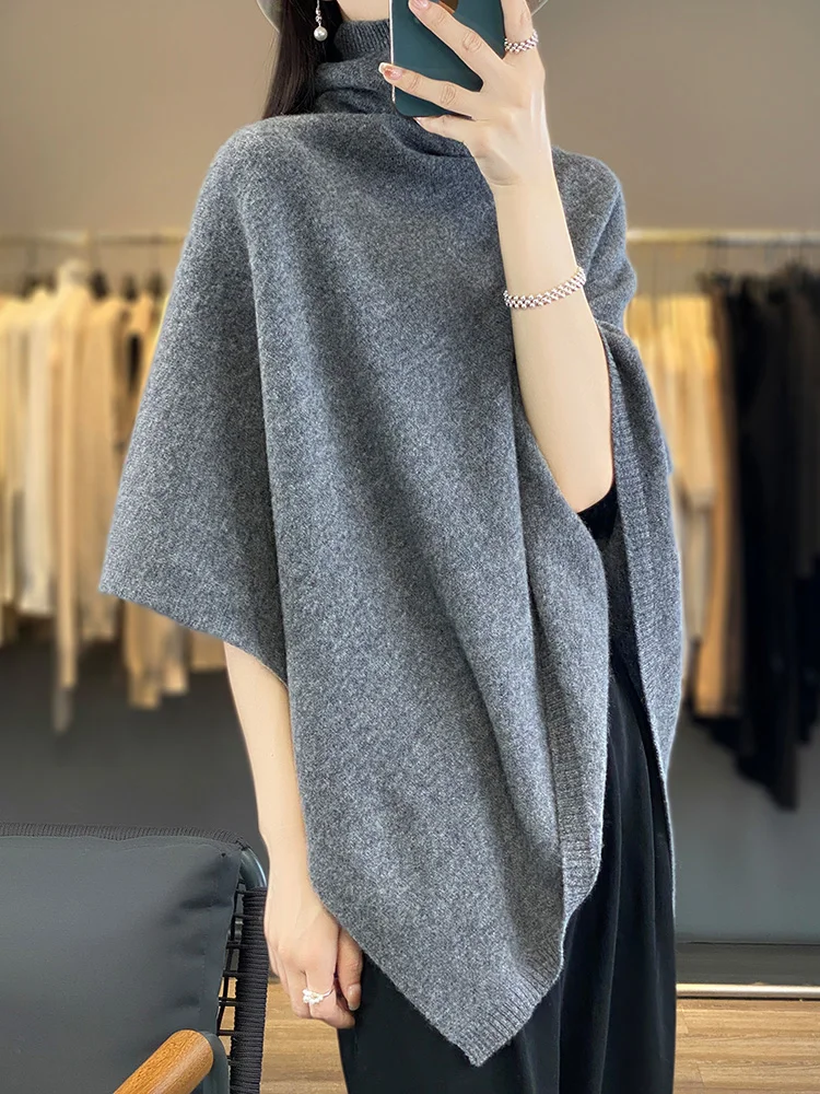 New Chic Women\'s Sweater Shawl Heap Collar Wool Pullover Autumn Winter 100% Merino Wool Knitwear Cashmere Soft Simple Cloak