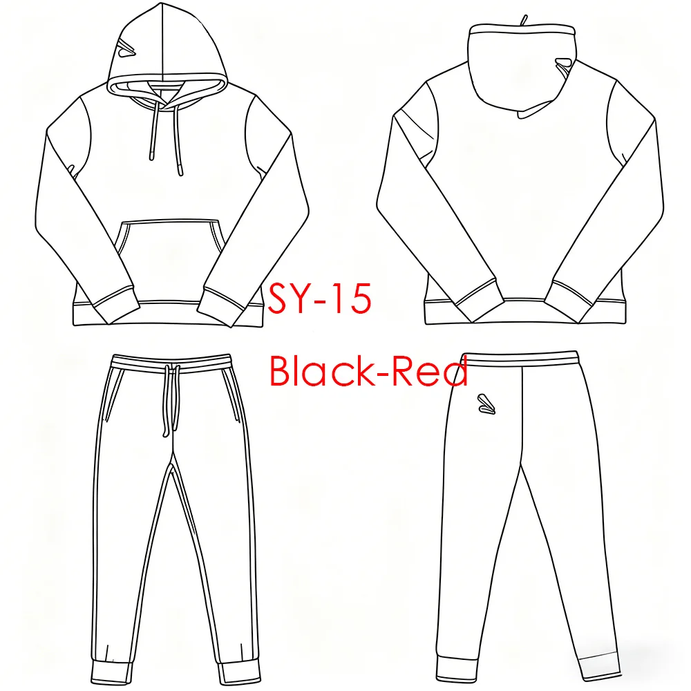 طقم بدلة رياضية قطنية SY-15 للرجال ملابس خروج مريحة للركض مع قلنسوة وبنطلون للربيع والخريف طقم أسود مطبوع باللون الأحمر #1
