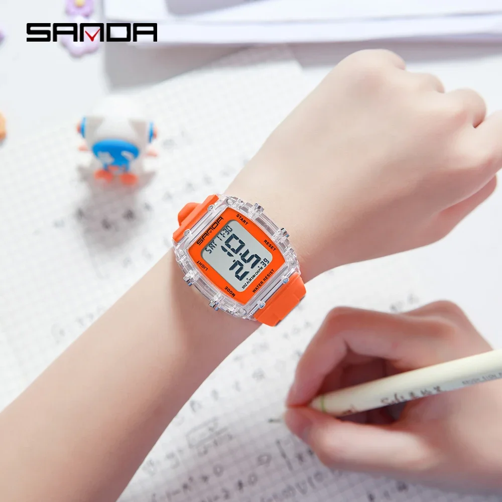 SANDA 2175 패션 남성과 여성의 스포츠 카운트다운 시계 군사 투명 LED 디지털 학생 시계 알람 시계