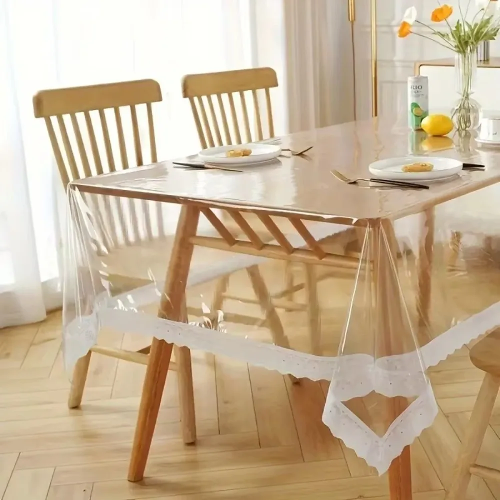New PVC Lace Tablecloth Oil-proof Waterproof Table Protector Reusable Square/Round Transparent Thin Table Cloth