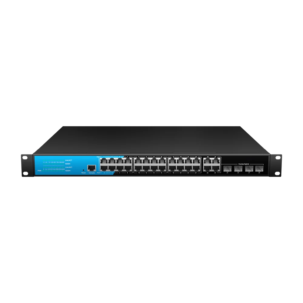 

Bullscom 24-Port Managed PoE++ Switch w/ 4x Gigabit Uplinks, L3 QoS, 802.3at/bt, 370W Budget