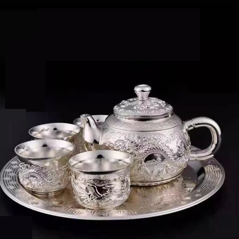 

Sterling silver tea set Longfeng 999 sterling silver retro cooked silver tea set 1 plate 1 Pot 6 cups European retro Chinese sty