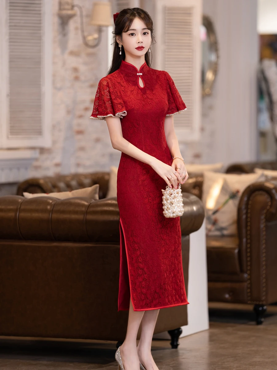 

Red Wedding Dr Engagement Return Home Ceremony Dr High Waist ort Sve Mid-Length Gown for Women