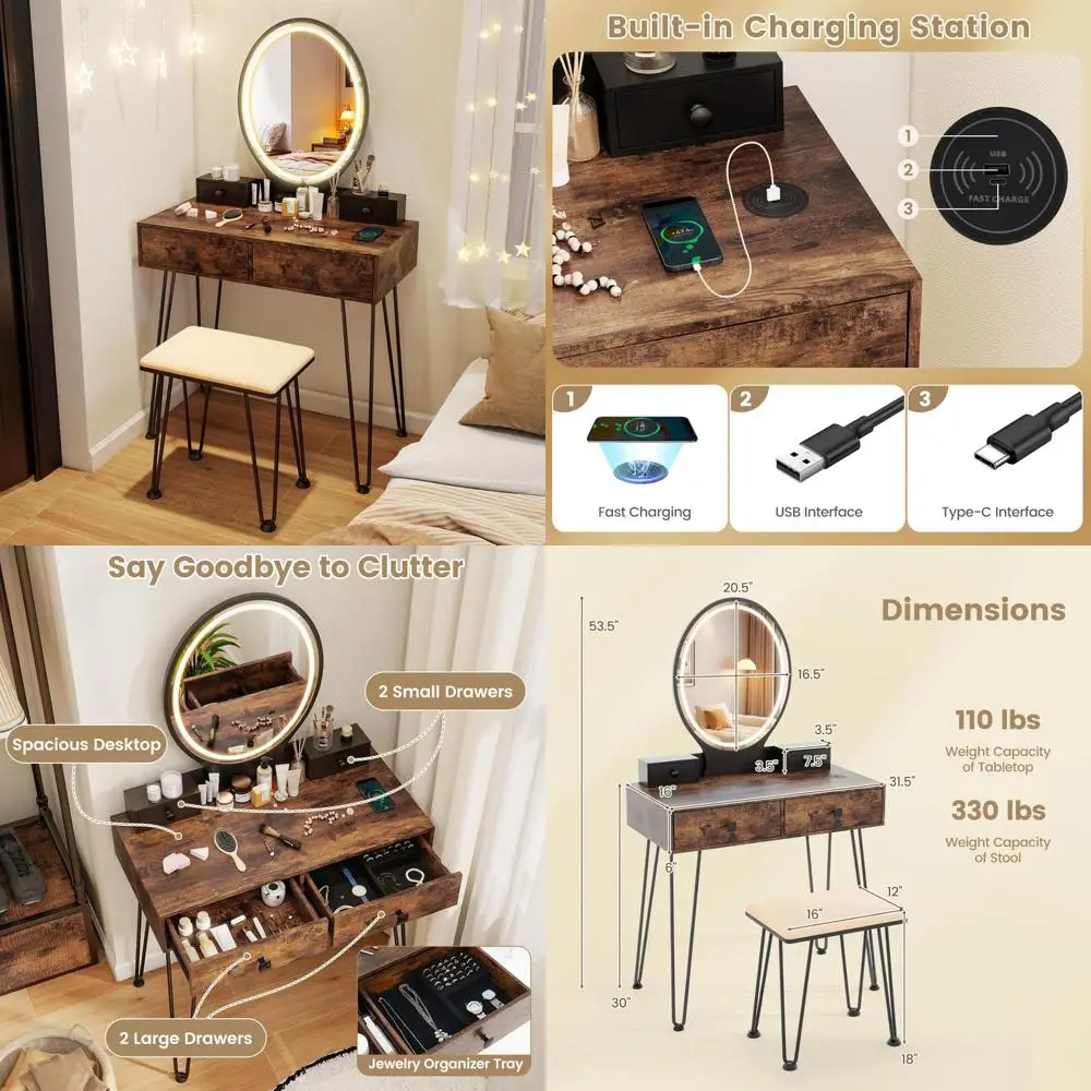 Vanity trucco illuminato con specchio, 4 cassetti e stazione di ricarica - stile retrò