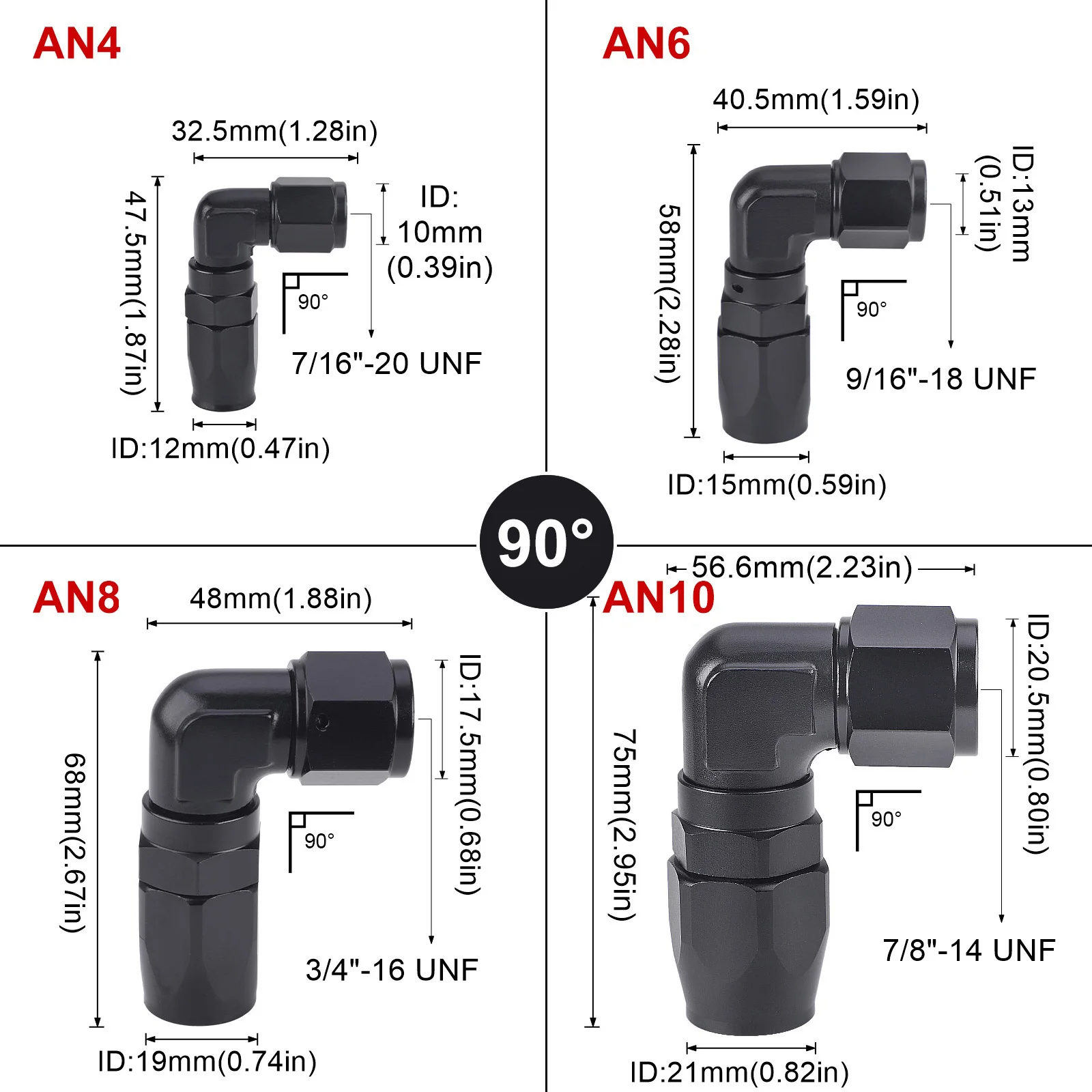 10 Stück AN4 AN6 AN8 AN10 Fittings aus geschmiedetem Aluminium, drehbarer Schlauchadapter 45 Grad AN10 90 Grad für Auto CPE Ölkühler Kraftstoff – Detail 2