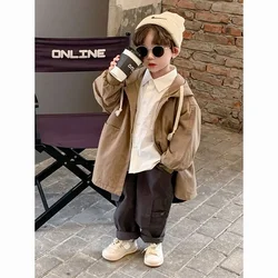 Trench Outerwear Com Capuz 2023 Primavera Zipper Algodão Limpo Simples Moda Sólido Macio Confortável Popular Designable Meninos Crianças