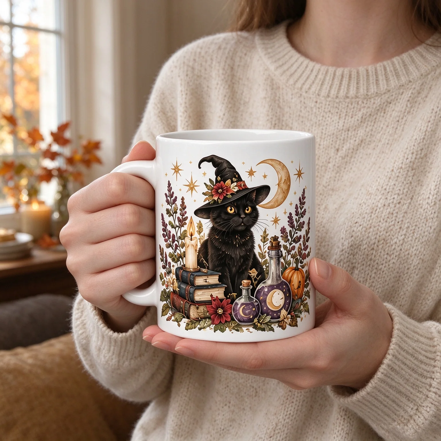 Witchy Black Cat Potion Print 11oz Ceramic Coffee Mug Crescent Moon Spell Book Halloween Home Decor Gift for Cat Lovers