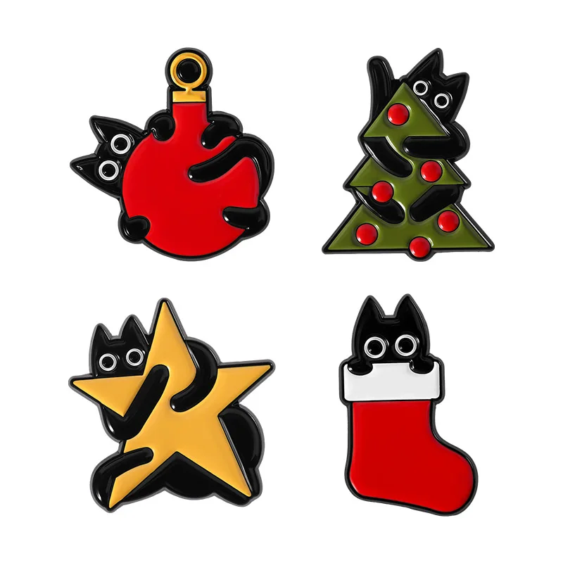 Cartoon black cat series badges, Christmas tree socks star-shaped alloy pins, accessories for clothing bags, gifts for friends
