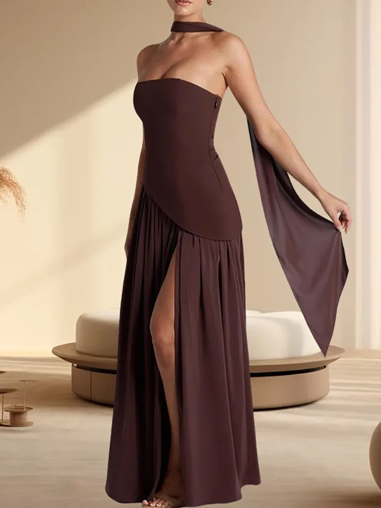 Abito da sera con lacci da donna con scollo a barchetta Abito lungo con spacco pieghettato impiombato solido primaverile Abito lungo Boho vuoto estivo senza schienale 2025