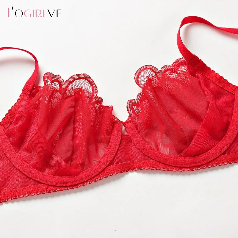 Logirlve Ultrathin Transparent Underwear Set Net yarn Brassiere Red Women Lingerie Sexy Plus Size CD Cup Bra Set Lace Embroidery