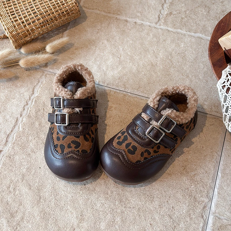 Kids Leopard Cotton Shoes Vintage Warm Winter Shoes for Girls Outdoor Causal Soft Bottom Children Fashion Plush Shoes Hook Loop