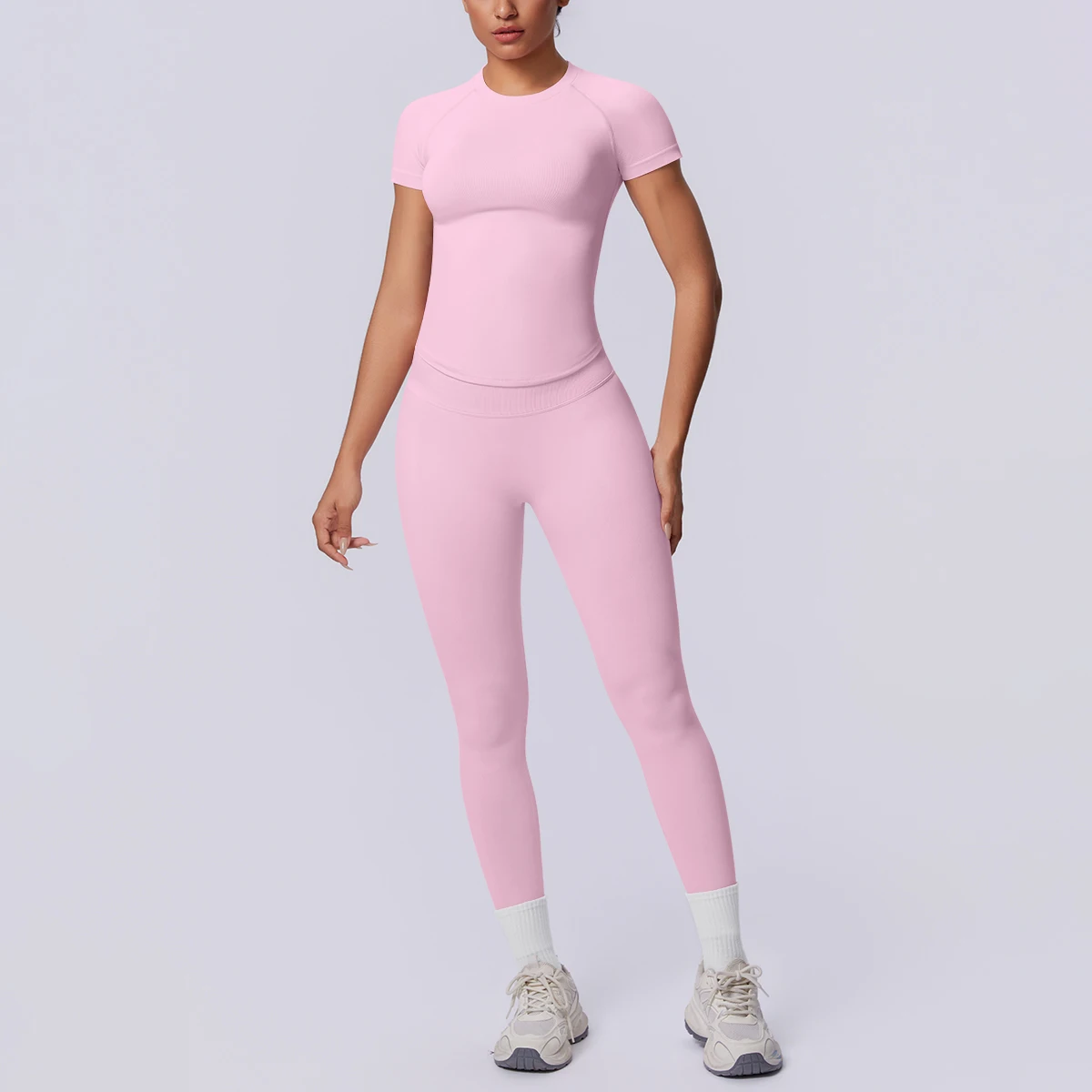 Rooftrellen New 2PCS/set Yoga Set Summer Quick Drying Fitness Sports Workout Top T-Shirt High Stretch Seamless Yoga Leggings Set - view 3