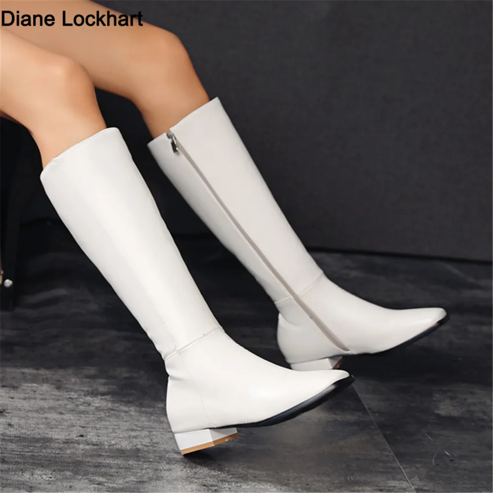 Winter PU Leather Women Knee High Boots Motorcycle Square Toe Zip Footwear Low Heels Female Riding Ladies Long Boats 2024 New