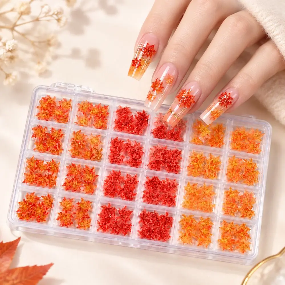 24Grids Autumn Nail Decorations Maple Leaf 3D Resin Red Orange Yellow Aurora Glitter Nail Charms for DIY Nail Art Design Decor