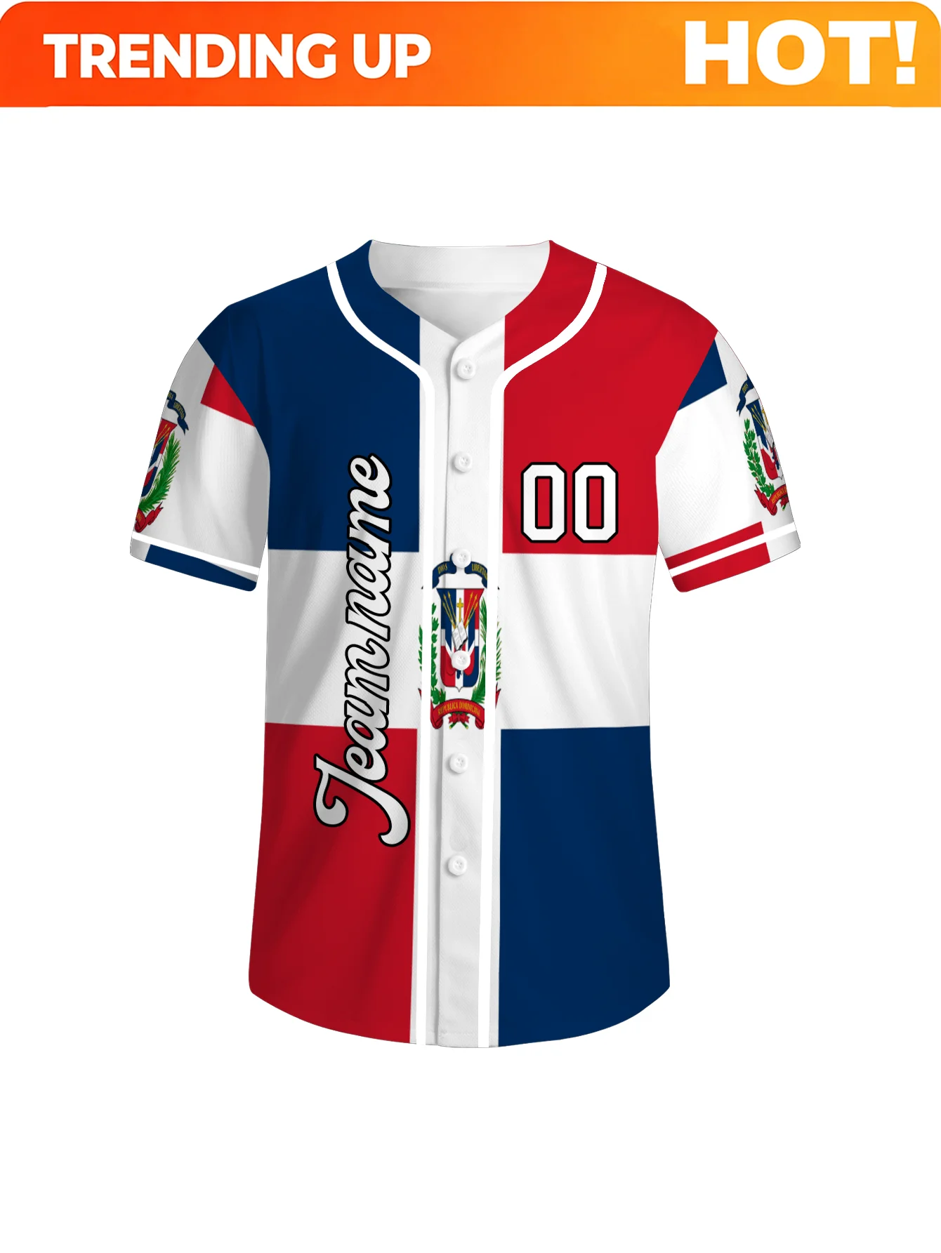 Personalized Baseball Jersey Featuring The Dominican Flag Design, Customizable with Team Name, Player Name, And Number