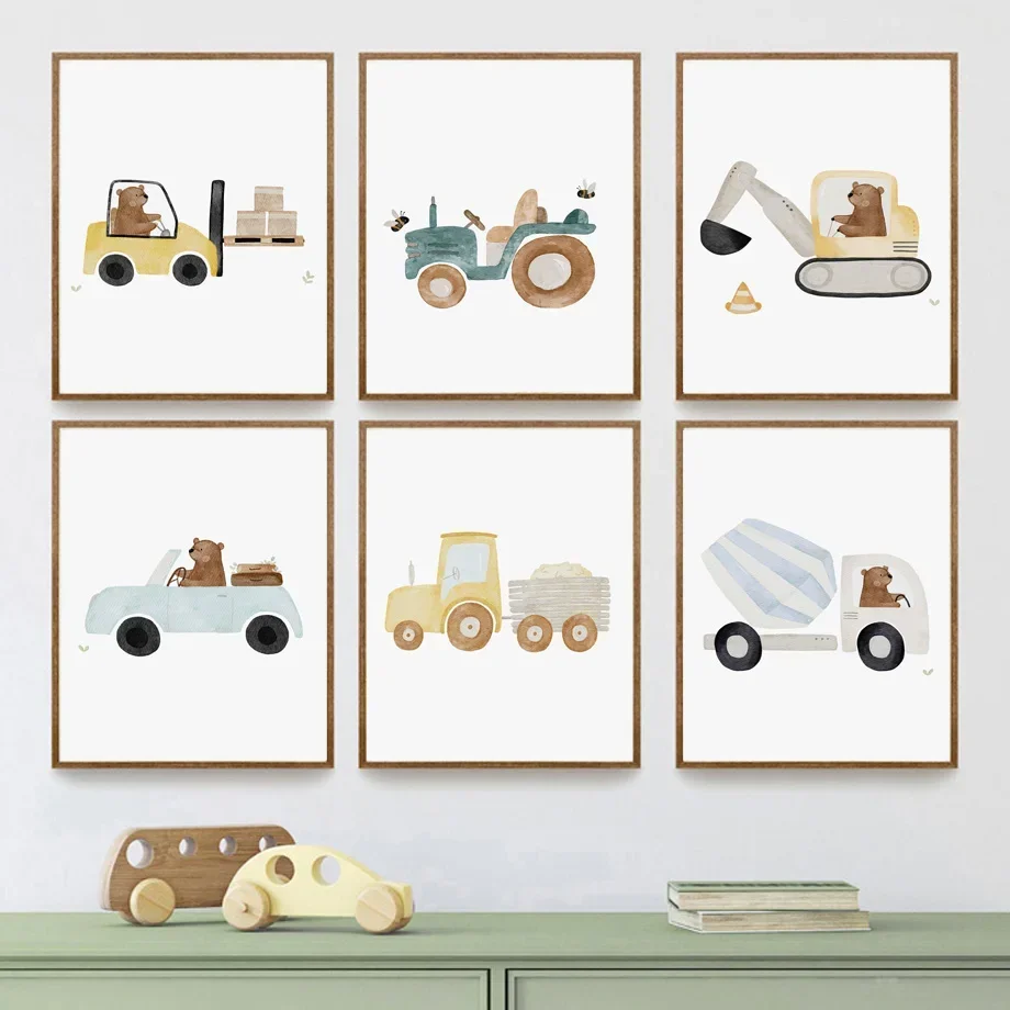 Nursery Wall Art Children's Prints Cartoon Bear Forklift Excavator Car Mud Truck Poster For Kids Room Baby Decor Canvas Painting