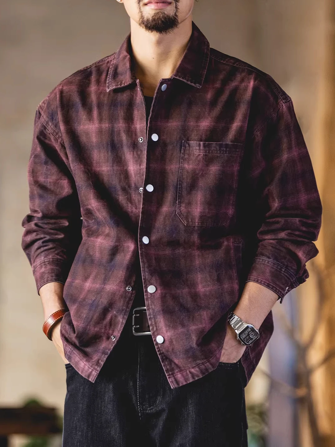 

Мужская повседневная рубашка свободного кроя с длинным рукавом, красная в клетку, с воротником, из хлопкового денима, для работы, весна-осень, новинка