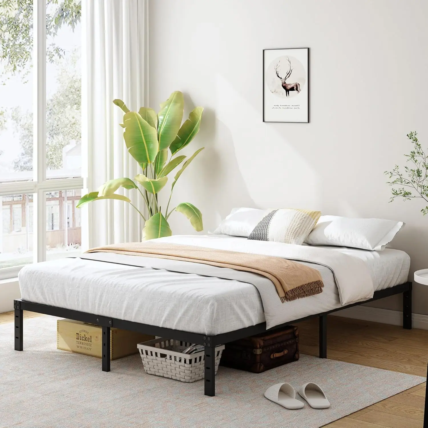 

12 H King Size Metal Bed Frame, Heavy Duty Steel Slat Mattress Foundation, No Box Spring Ned, Easy Assembly, Noise-Free, Bla