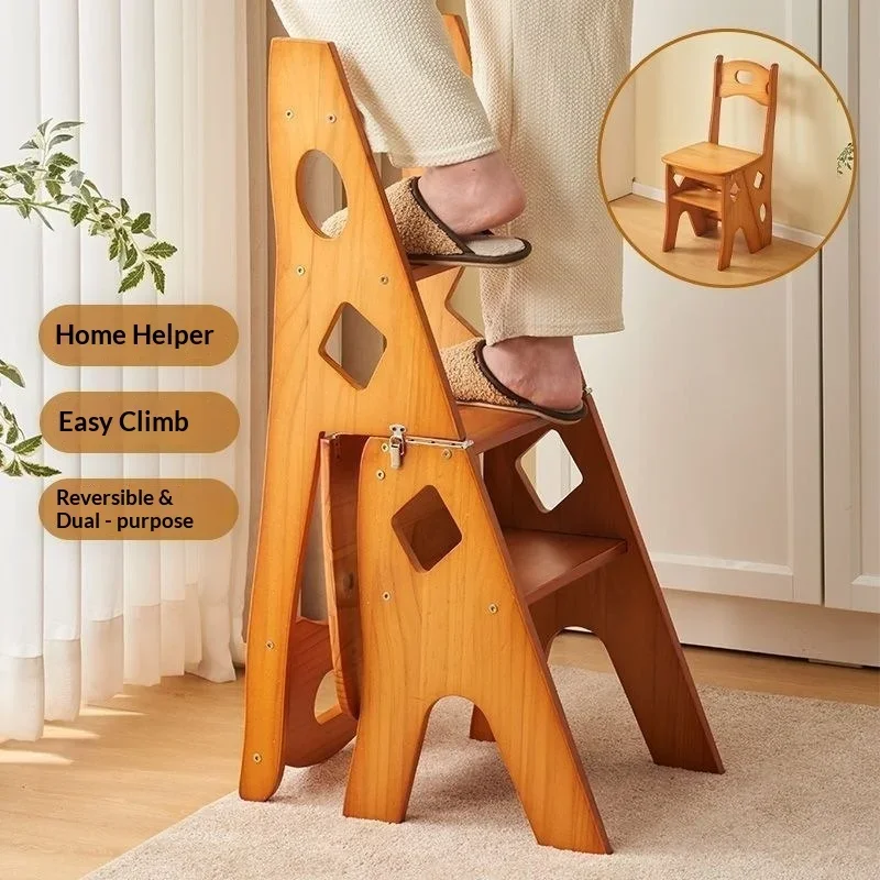 Home Indoor Staircase Decor Novelty New Modern Minimalist Solid Wood Foldable Multifunctional Step Ladder 2in1 Chair Portable