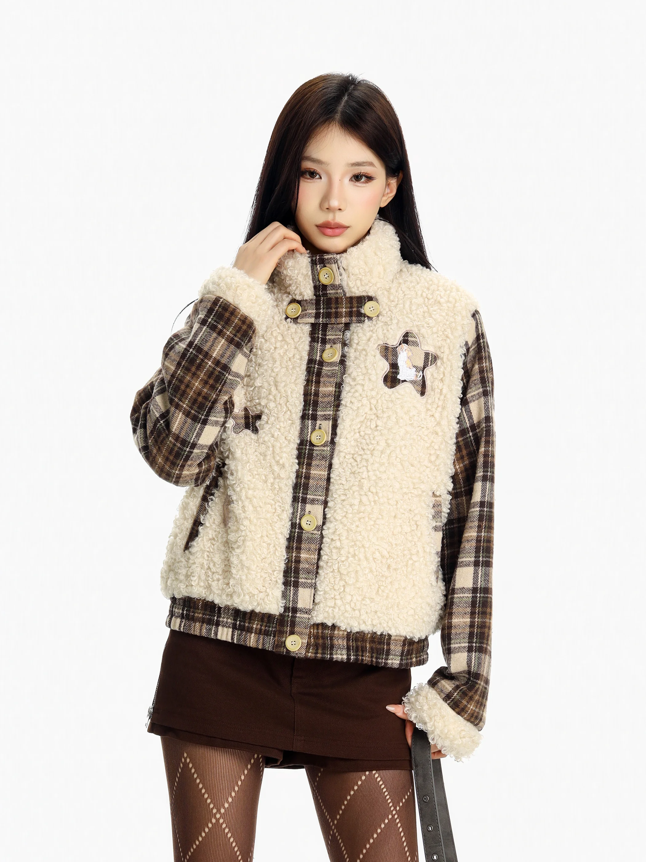 

Женская утепленная теплая свободная куртка из овечьей шерсти с хлопковым утеплителем, в уличном стиле, с элементами дизайна в стиле Captain America, комбинированная из кожи и меха