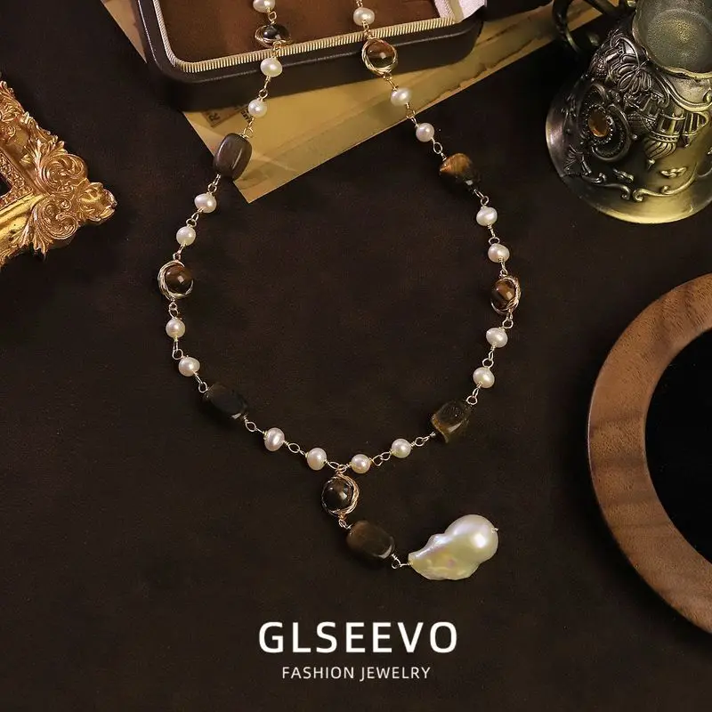 Baroque Pearl Tiger Eye Stone , A Unique Stylish Necklace Women, Layering And Complemen