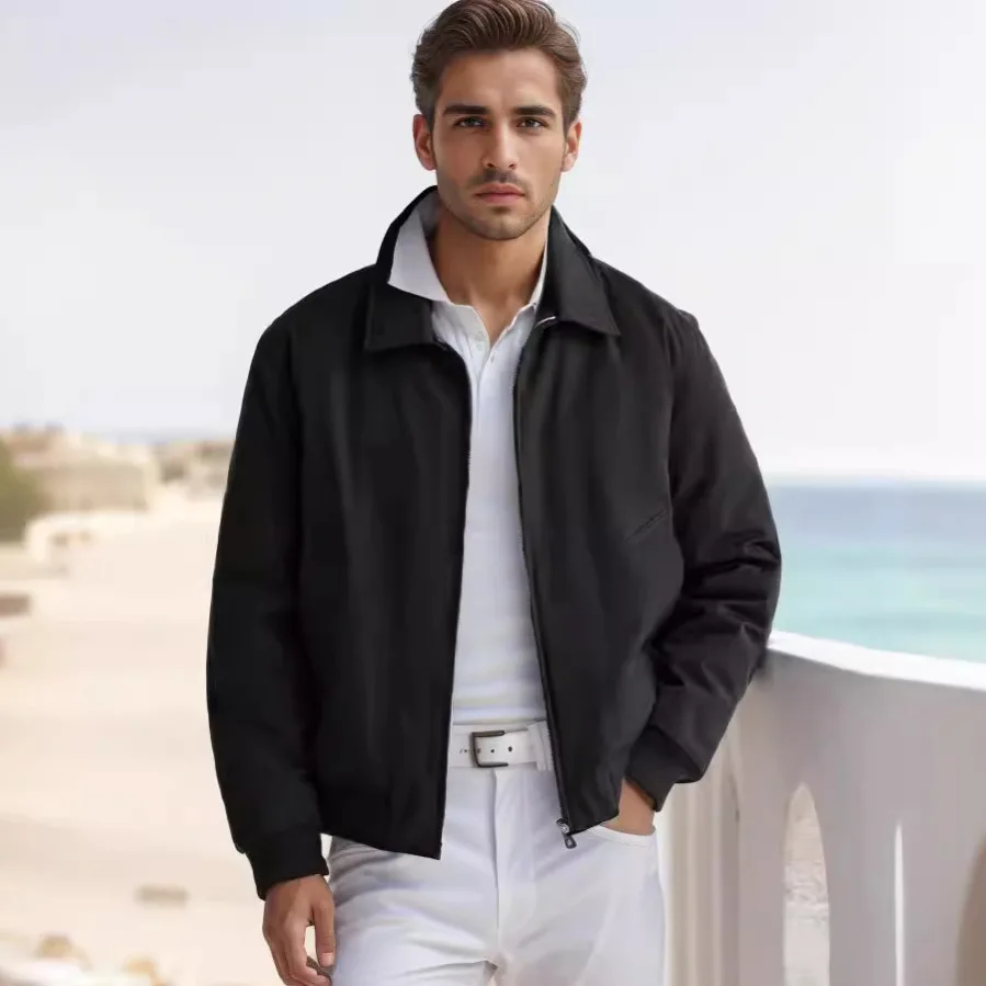 Minimally designed commuting jacket for men, luxurious, fashionable, versatile, elegant, zippered lapel jacket