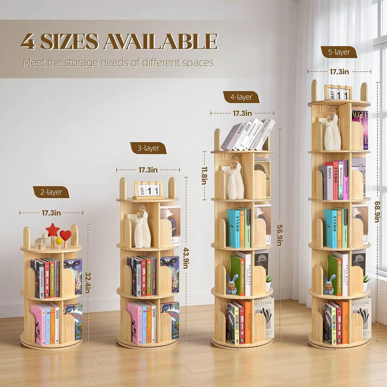 Rotating Bookshelf for Kids, Solid Pine Wood Spinning Bookshelf Tower 2 Tier, 360° Revolving Bookcase, Multi-Functiona