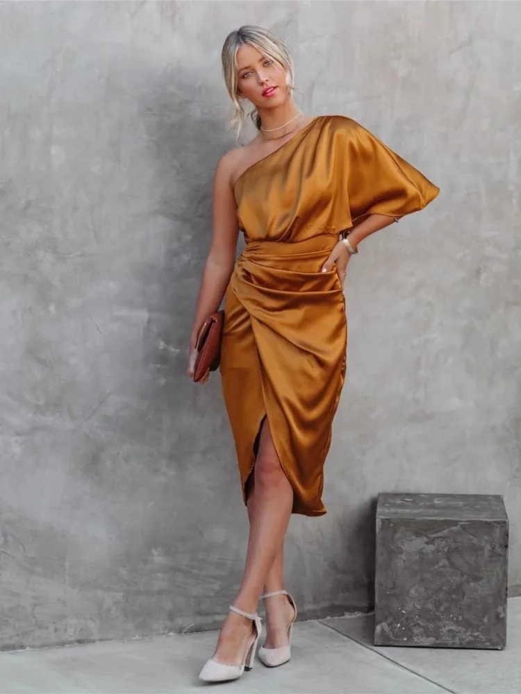 

Spring Summer New Women's Clothing Elegant Sexy Slanted Neck Off Shoulder Rose Section Irregular Dress Party Evening Dress