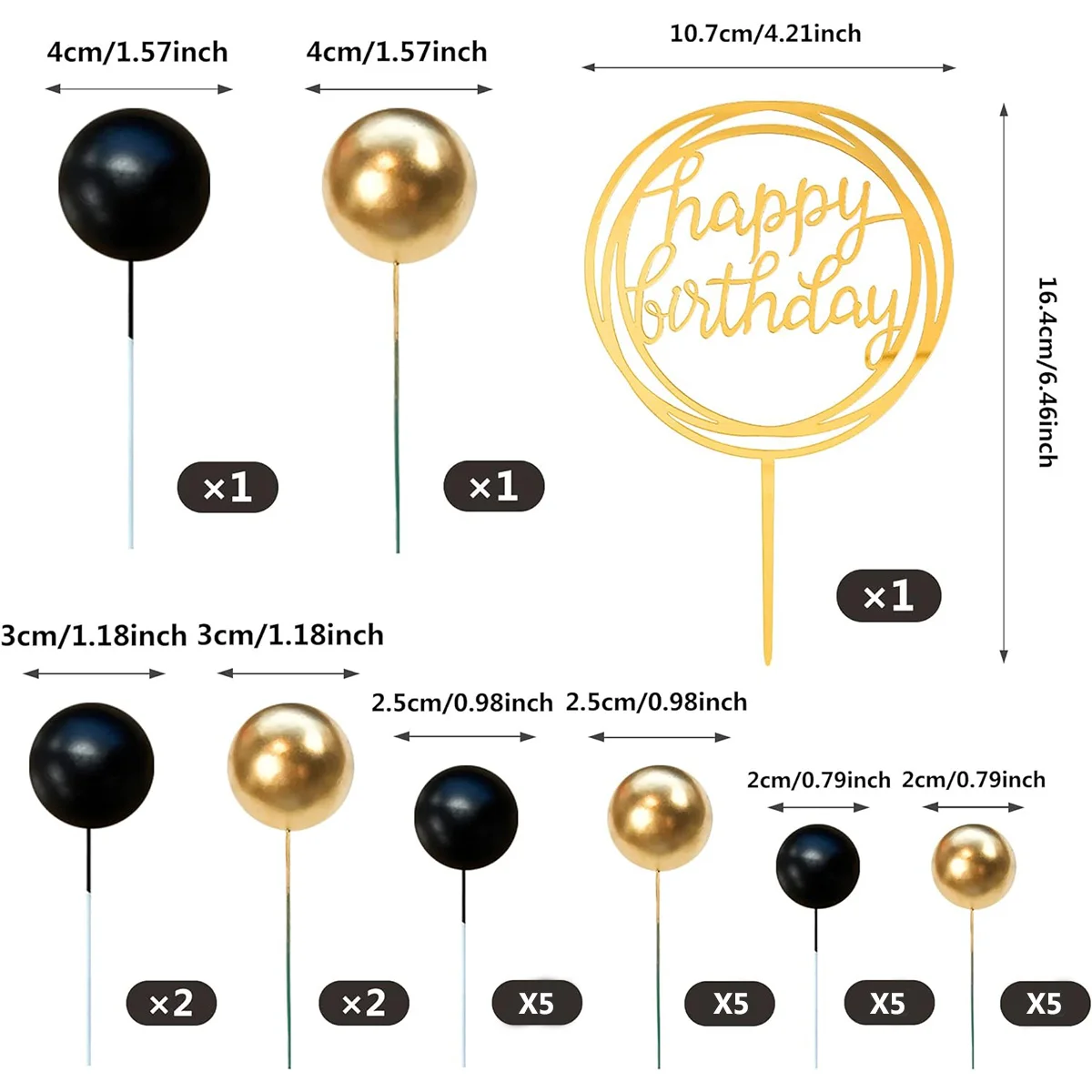 27pcs Pearl Balls Cake Topper Happy Birthday Cake Insert Pick DIYPile Up Insert for  Birthday Party Cake Decoration (Black Gold)