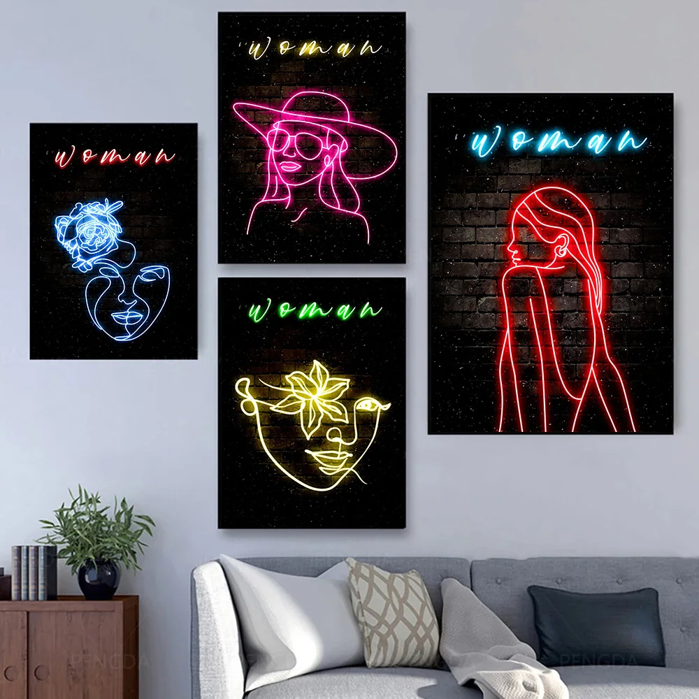 

Minimalist Lines Neon Woman Canvas Painting Wall Art Abstract Fashion Girl Posters Prints For Living Room Home Decor NO LED