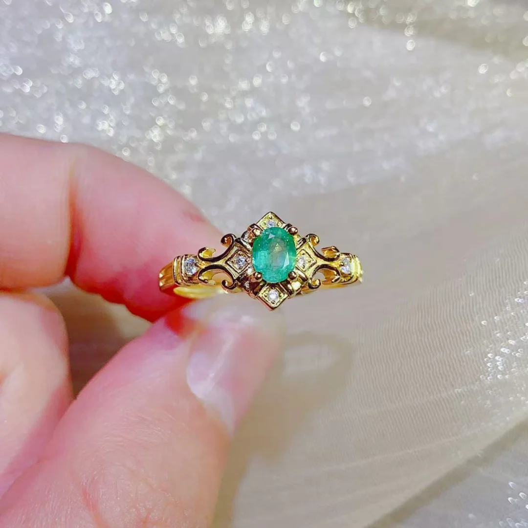 Ethnic Style Natural Emerald Ring 4*5mm S925 Sterling Silver Inlay Fresh Green Daily Party Jewelry for Ladies - view 4