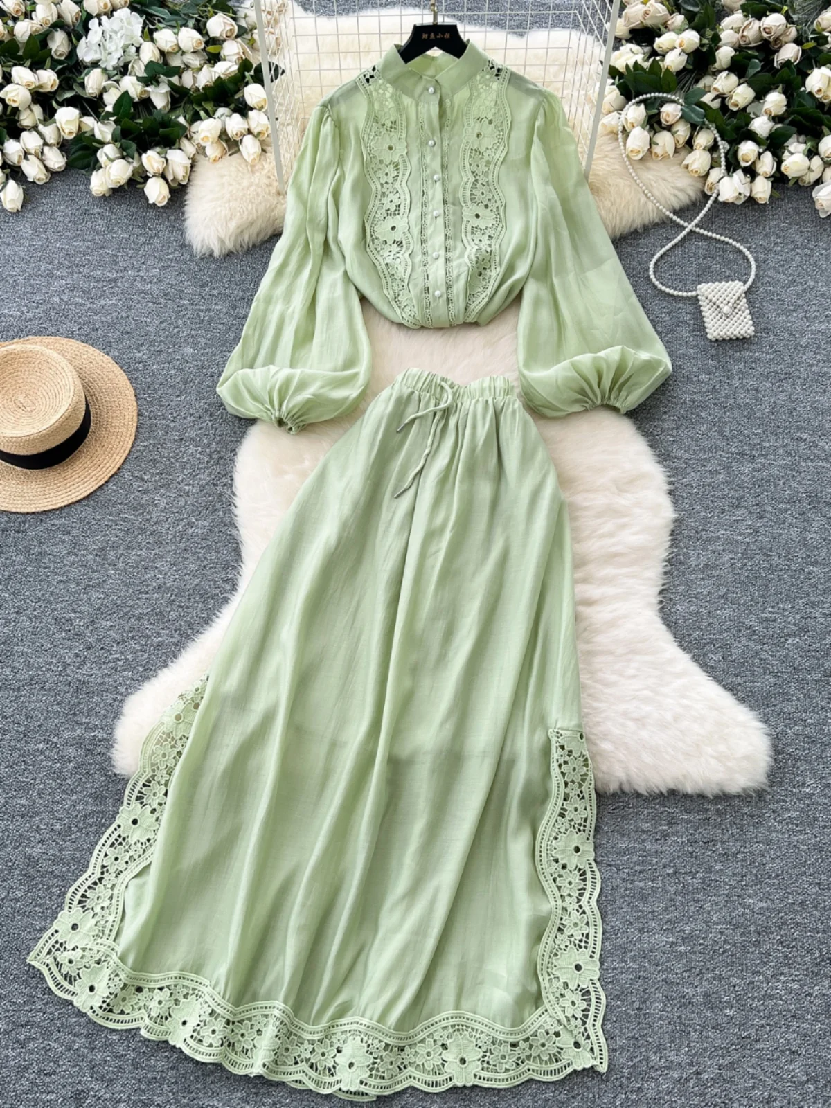 Ele Hollow out Lace Patchwork Lantern Sve irt Set Rok Belah Pinggang Tinggi Wanita Vintage Chic Sle untuk Pemuda...