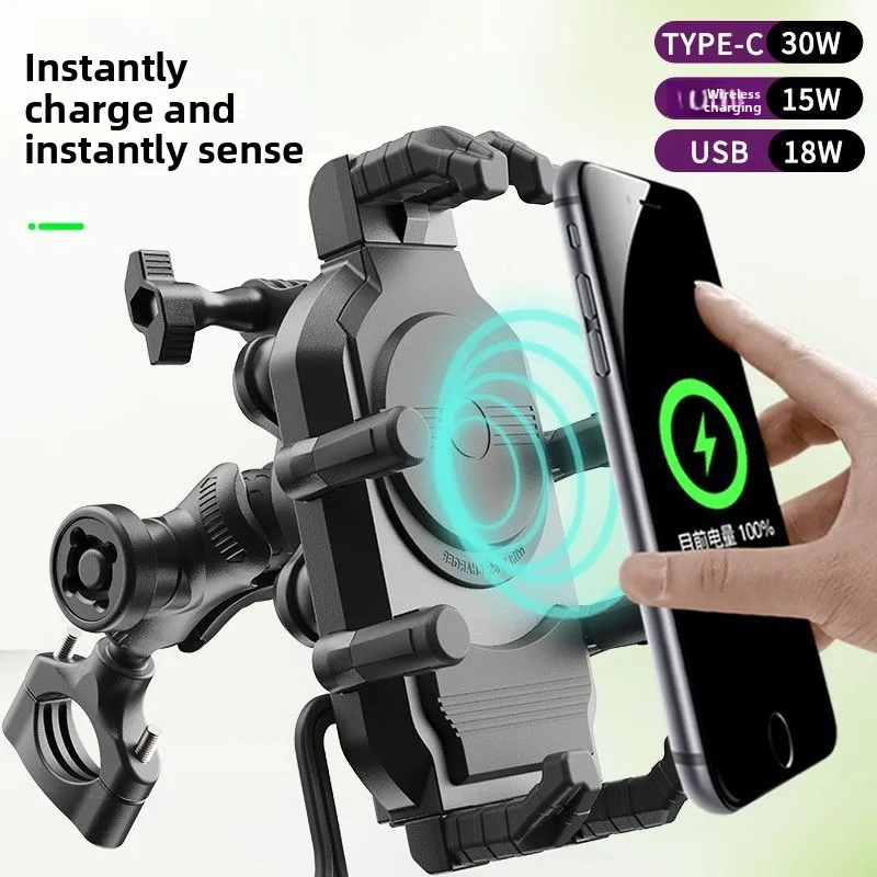 

15W Fast Wireless Charging Motorcycle Phone Holder - Universal Shockproof Navigation Rack with QC3.0 Adapter