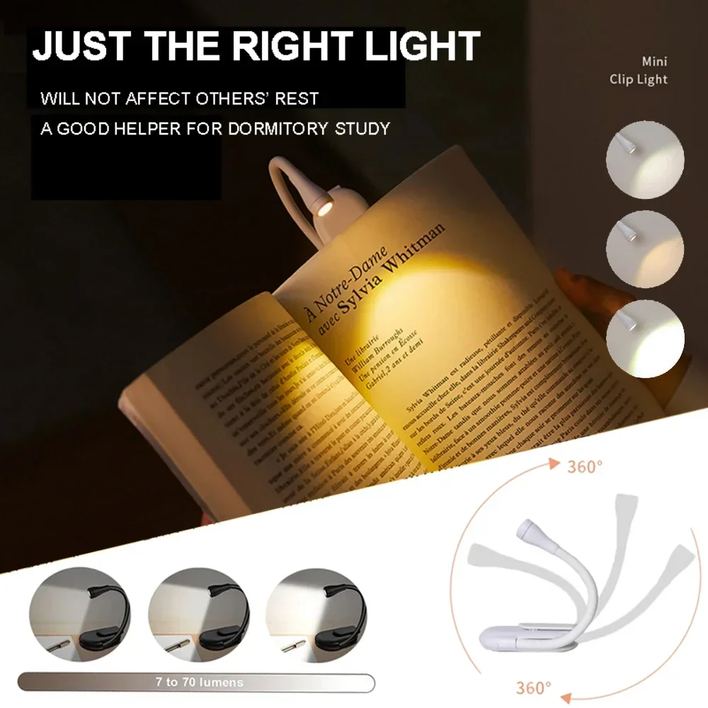 Portable LED Book Lamp USB Rechargeable Eye Protection Night Light Mini 360°Clip-On Desk Reading Lamp Travel Bedroom Night Light