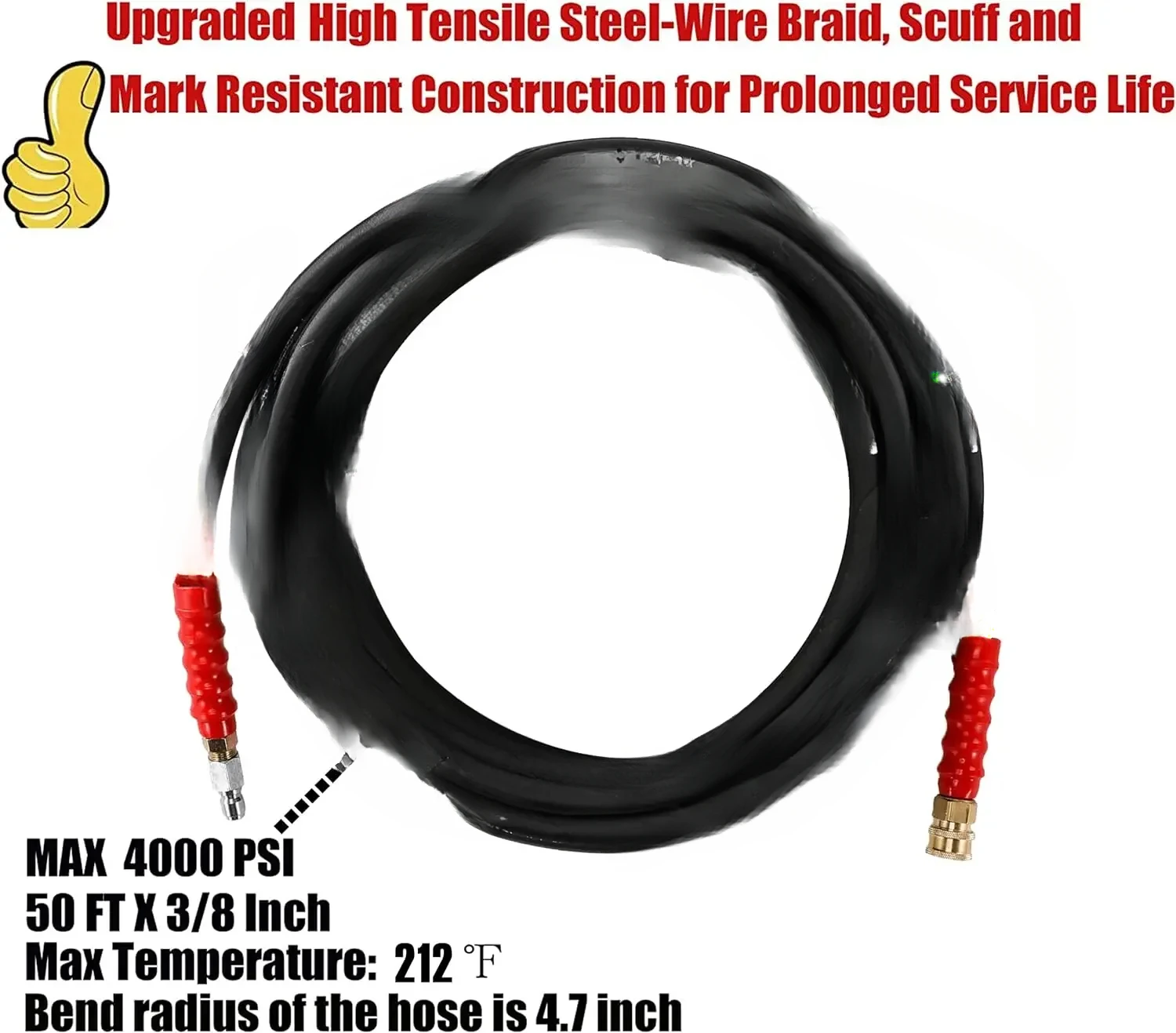 3/8 Inch x 50 FT, Quick Connect, 4000 PSI, High Tensile Wire Braided