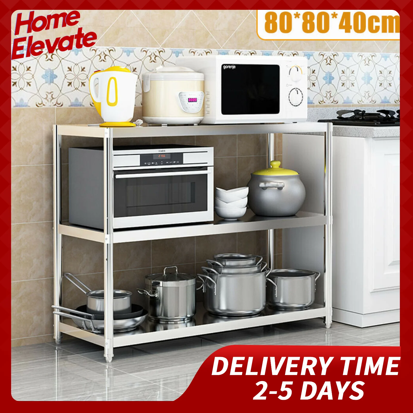 

Metal Storage Shelf, 3-Tier Stainless Steel Rack with 44-66lbs Load Capacity, Space-saving Organizer for Home, Kitchen, Office