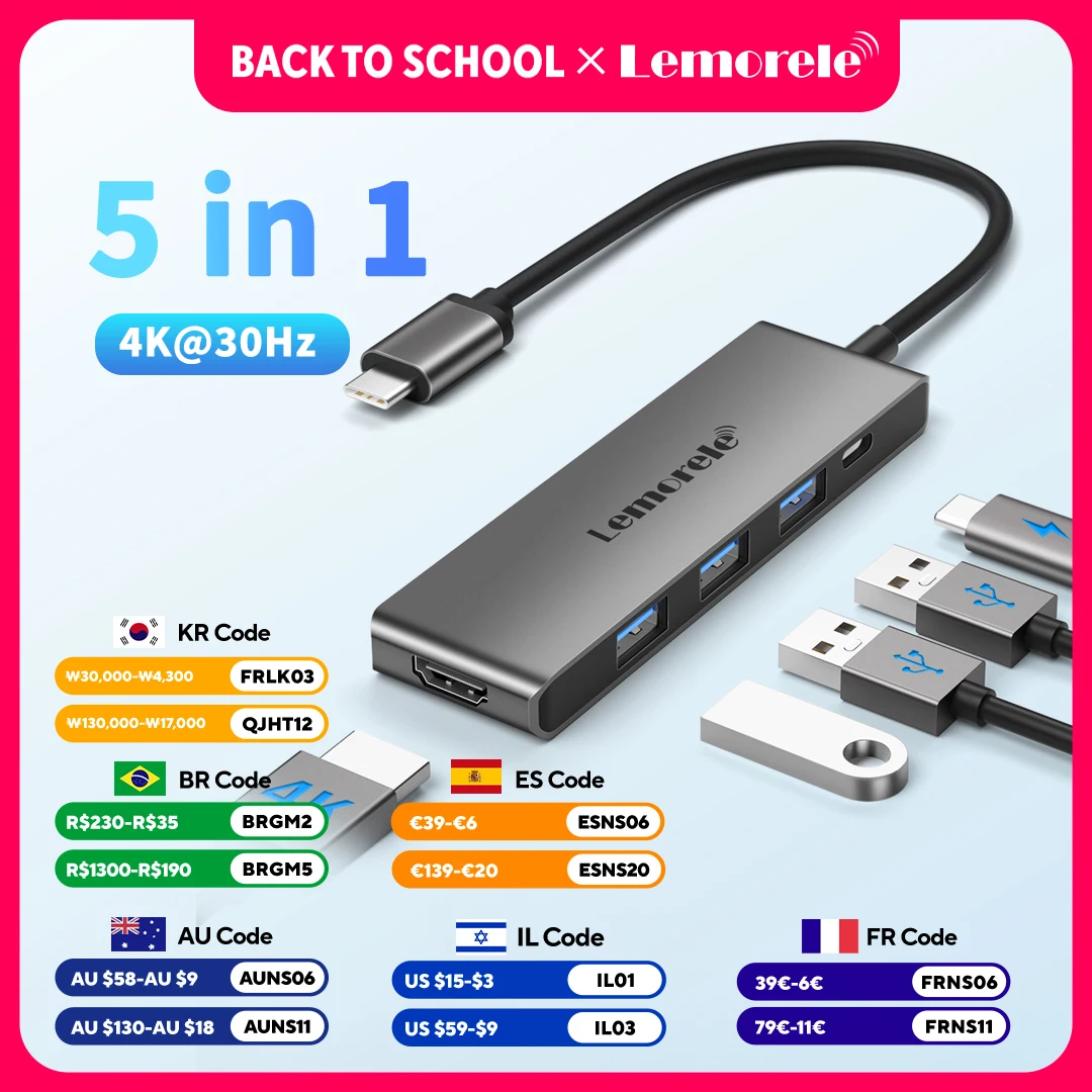 Lemorele 5-in-1 USB C HUB Docking Station with 4K@30Hz Video Output, 100W PD, USB-C&USB-A 3.0 Ports for MacBook, Windows Laptop