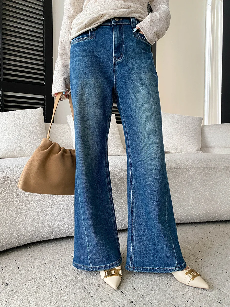 Autumn women's casual solid color commuting feeling, high waist slimming straight leg micro flared jeans