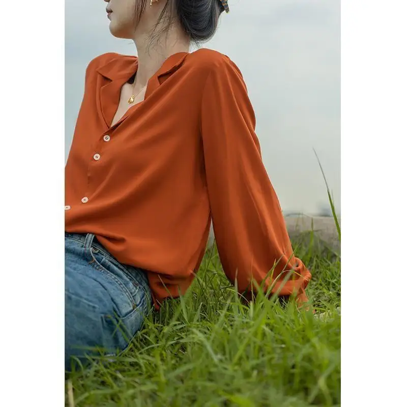 2024 New Autumn Woman\'s Shirt Basic Casual Leisure Fashion V-neck Niche HongKong Retro Style Chiffon Top Puff Sleeve Generous