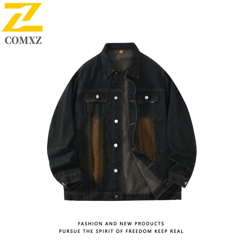 

COMXZ 2025 Мужская винтажная потертая джинсовая куртка, осенняя свободная рабочая одежда, повседневная модная модная негабаритная уличная одежда