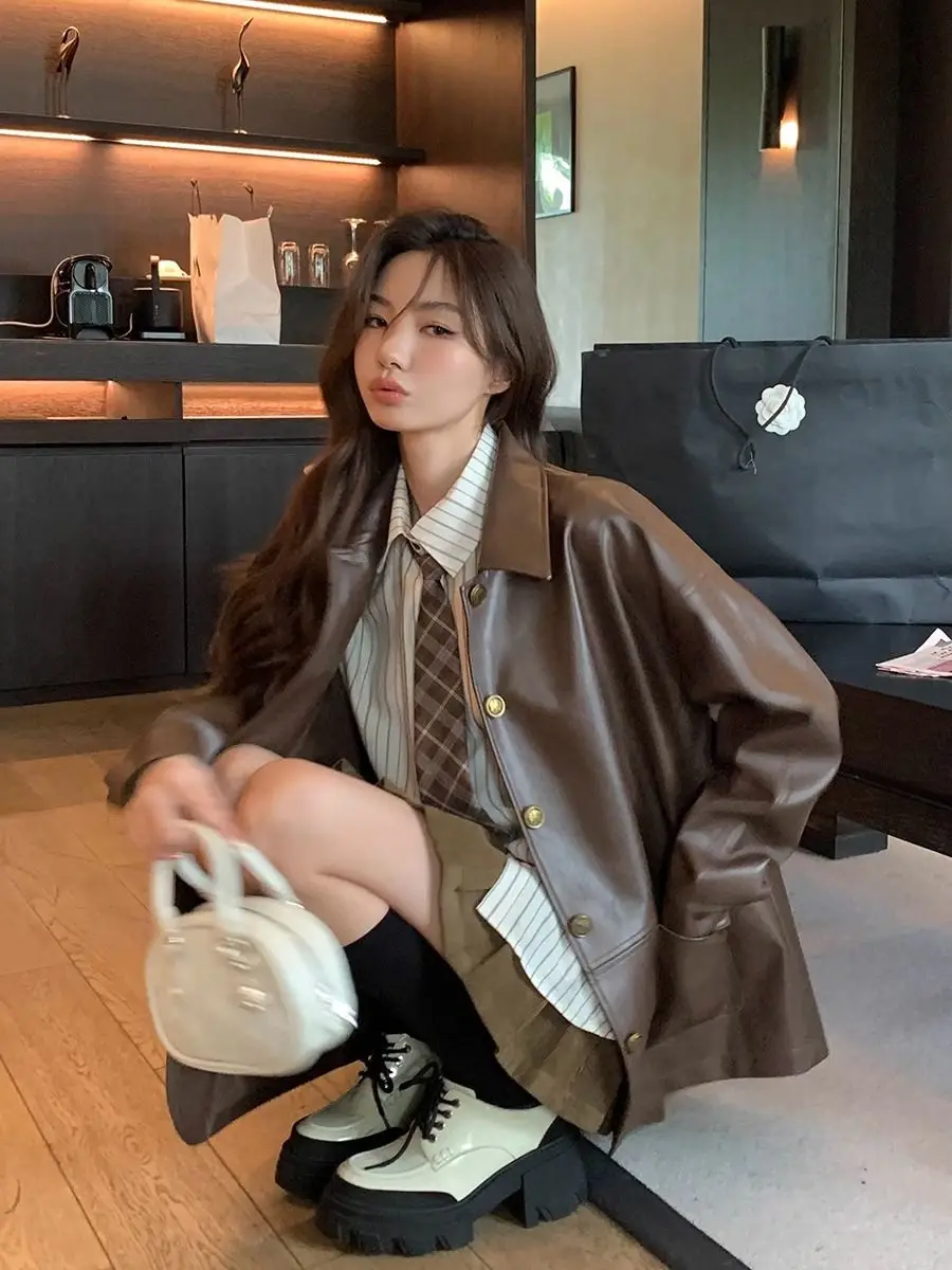 2023 Autumn Leather Coat Loose High Street Aviator Leather Jacket WomanPunk Fashion Brown Leather Jacket Women Streetwear Zipper