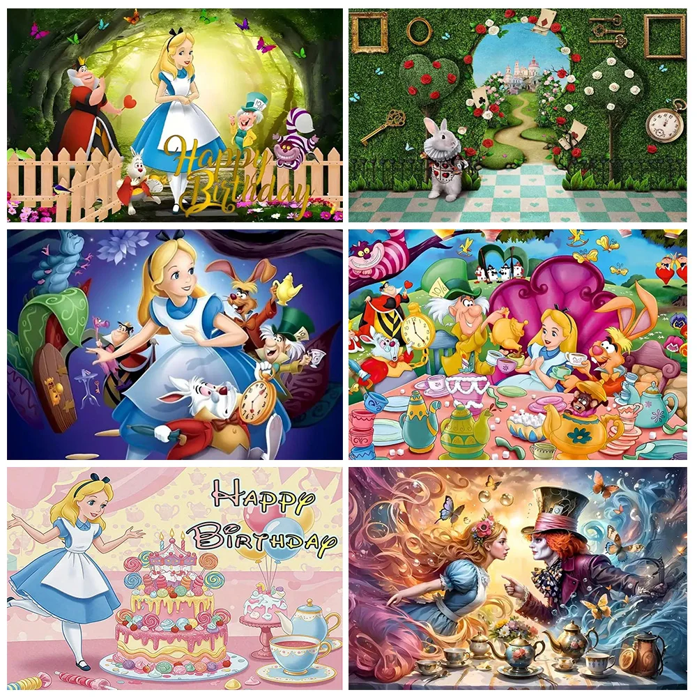 لافتة خلفية ديزني أليس في بلاد العجائب، زينة حفلات أعياد الميلاد للأطفال، مستلزمات استحمام الطفل، دعائم التقاط الصور #1