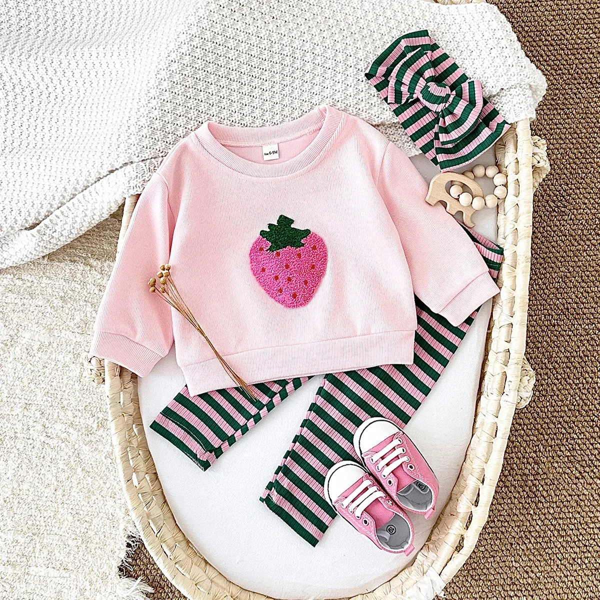 Baby Girl 2Pcs Outfit Strawberry Applique Long Sleeve Sweatshirt Striped Leggings Toddler Cute Spring Autumn Clothing Set