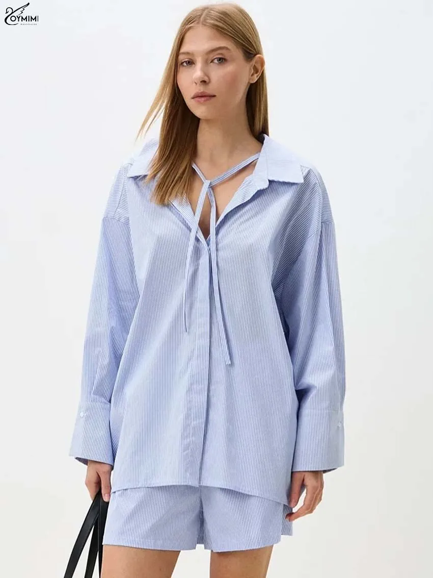 

Oymimi Fashion Blue Print 2 Pieces Set For Woman Elegant Lapel Long Sleeve Lace-Up Button Shirts And High Waisted Shorts Sets