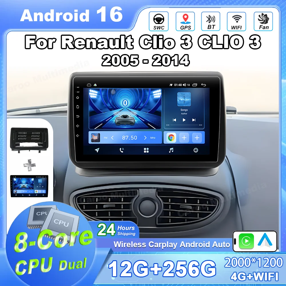 Rádio Automotivo Android 16 Auto Carplay para Renault Clio 3 CLIO 3 2005-2014 Reprodutor Multimídia de Vídeo Navegação GPS Estéreo Sem DVD 2din