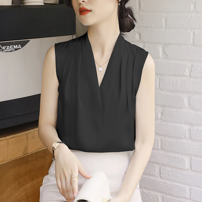 2025 nuevo verano camiseta sin mangas de satén blusas de mujer sin mangas sólido cruzado con cuello en V Casual coreano elegante chaleco camisas para mujer