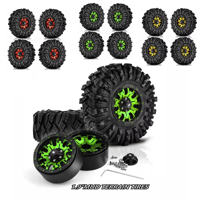 4Psc 1.9 Beadlock Wheels and Tires Set Mud Specific Tire Metal wheels for 1/10 RC Crawler Car Axial SCX10 Pro Capra UTB18 TRX4