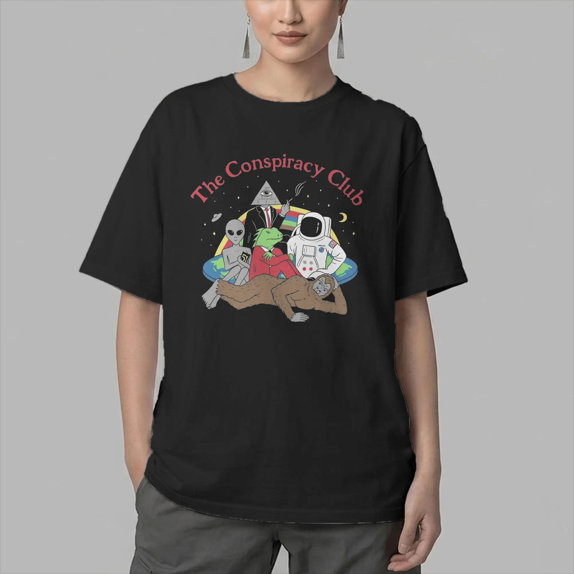 Bigfoot UFO  Men T Shirt Conspiracy Theories Club Novelty Tees Short Sleeve Crew Neck T-Shirts 100% Cotton Plus Size Tops